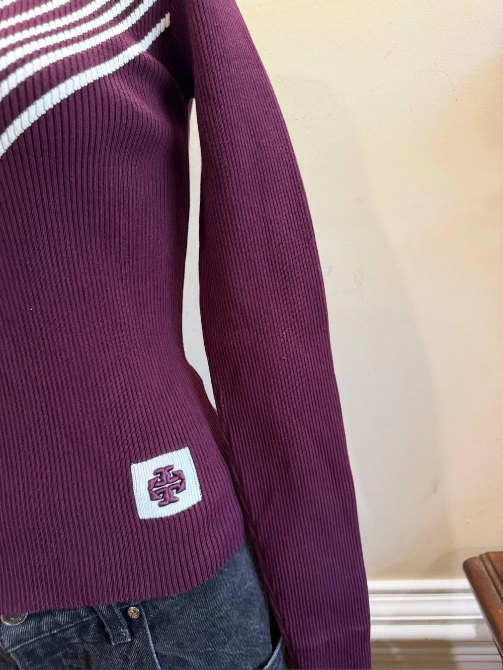 Tory Burch Plum Ribbed Sweater with White Chevron Stripes